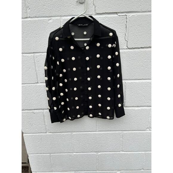 ZARA‎ BASIC Blouse Womens Size XS Sheer Blk & Wh Polka Dot Long Sleeve Textured - Picture 1 of 3